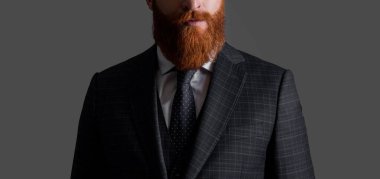 Girişimci görüşü resmi giysiler giyer. Girişimcinin stüdyo çekimi. Takım elbiseli ve kravatlı bir girişimci. Takım elbiseli girişimci gri arka planda izole edildi