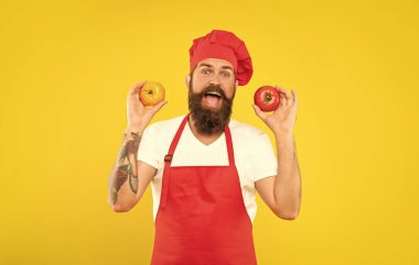 Surprised man in cooking apron and toque holding tomatoes yellow background, chef.