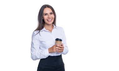 İş adamları. İş kahvesi toplantısı. Kahve molasındaki iş arkadaşım beyazla izole edilmiş. Kahve getiren iş adamı ve iş kadını. İş arkadaşları ofiste kahve molası veriyor. ev ofisi.