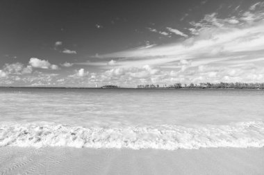 Deniz kıyısında yaz tatili deniz manzarası. Yaz tatili deniz manzarasının fotoğrafı. Yaz tatili deniz manzarası. Turkuaz suyla yaz tatili deniz manzarası.