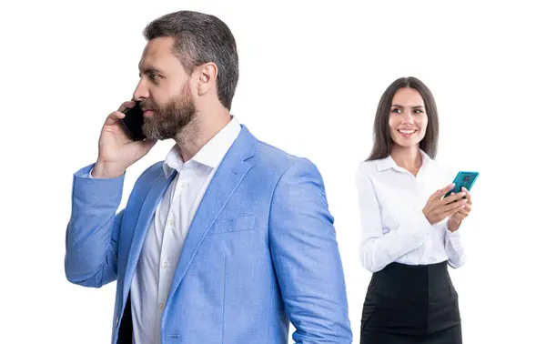 Llamada Telefónica Colega Empresarios Hablando Por Teléfono Aislados Blanco Empresarios — Foto de Stock