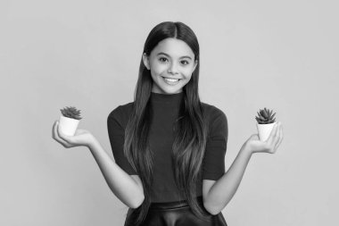 Sarı arka planda kaktüsü olan gülümseyen çocuk..