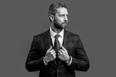 Yakışıklı iş adamının resmi kıyafet giydiği bir fotoğraf. Takım elbiseli bir iş adamı. Gri arka planda resmi kıyafet giyen bir iş adamı izole edilmiş. Stüdyoda resmi kıyafet giyen bir iş adamı..