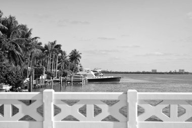 Yat teknesi yazın. Florida 'da bir yat teknesi. Seyahat için lüks bir yat. Miami 'deki yat teknesinin fotoğrafı..