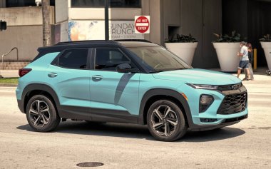 Miami Beach, Florida USA - April 15, 2021: blue chevrolet trailblazer RS suv vehicle, side view.