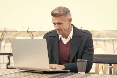 Ciddi bir yönetici. İnternette çalışıyor. Açık kafede kahve içiyor..