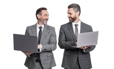 happy businessmen freelance in studio. photo of businessmen freelance with laptop. two businessmen freelance using laptop. businessmen freelance isolated on white background.