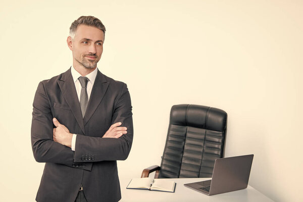 mature businessperson wear suit in boss office on white background.