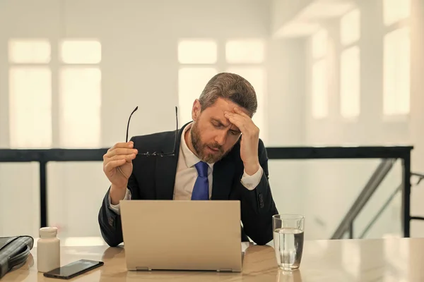 Overworked Exhausted Tired Businessman Feel Pain Headache Migraine — Stock Photo, Image