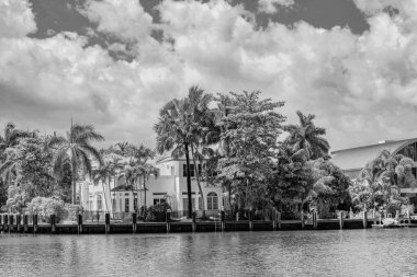 Modern villa yaz tatili için ideal. Akdeniz 'de palmiye ağaçları olan bir villa. Güneşli bir yaz gününde palmiye ağaçları olan güzel bir villa. Deniz manzaralı ve özel rıhtımı olan lüks bir yazlık villa..