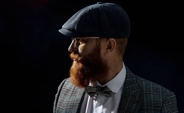 Brutal gentleman with moustache. Man gangster with beard. Bearded man gentleman. Stylish Englishman. Retro redhead man isolated on black. Englishman. Man in retro suit. Male formal fashion.