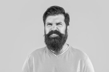 Kızgın sakallı adam sarıda izole edilmiş. Stüdyodaki sakallı adam. Arka plandaki sakallı adam. Bıyıklı sakallı adamın fotoğrafı..