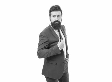 ceo. bearded businessman ceo in formal suit. hipster ceo with beard has own business. modern business success. office life. brutal boss man isolated on white. serious ceo ready for business meeting.