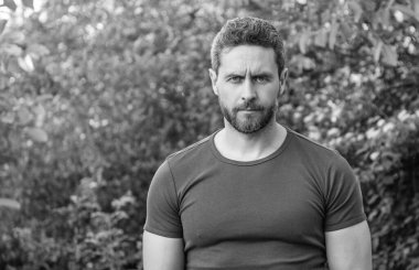 bearded man in shirt. caucasian man with beard. mature man outdoor. copy space.