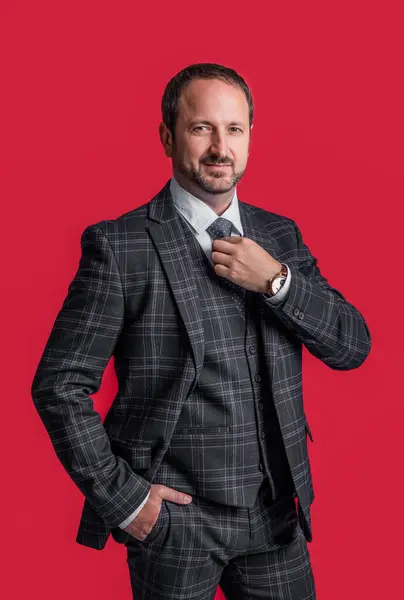 business man employer wearing suit. photo of man in business suit. mature man in business suit isolated on red background. business man wear suit in studio.