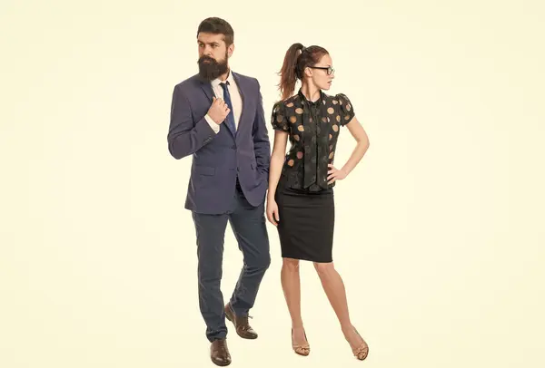 Follow the rules. Business couple in formal wear. Bearded man and sexy woman with formal look. Formal fashion and style. Dress code and formalwear. Formal work attire.