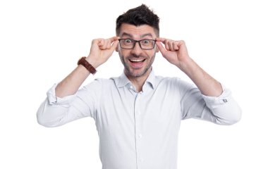 photo of glad man in eyewear. glad man in eyewear isolated on white background. glad man wearing eyewear in studio. glad man eyewear wear glasses.