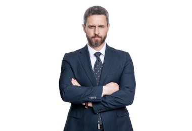 Profesyonel İspanyol CEO başarısını ifade ediyor. İşadamı beyazdan izole edilmiş. İş başarısı. Takım elbiseli başarılı bir CEO. Kendine güvenen bir girişimci. İş liderliği. Risk yönetimi.