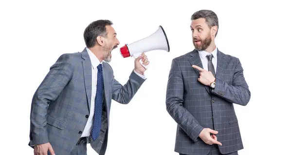 Business Conflict Businessman Shouting Loudspeaker Isolated White Business Man Has — Stock Photo, Image