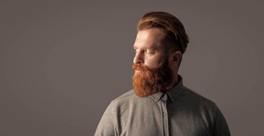 Sakallı adamın profil portresi. Sakallı ve bıyıklı İrlandalı bir adam. Ciddi bir yüz stüdyosu olan tıraşsız bir adam gri, kopyalama alanında izole edilmiş..