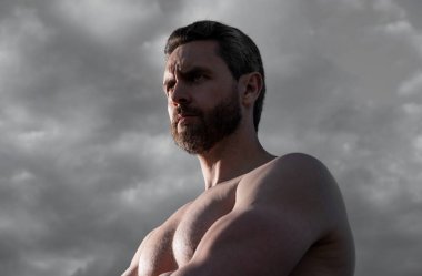 shirtless muscular guy. caucasian guy with muscular torso. athletic guy on sky background.