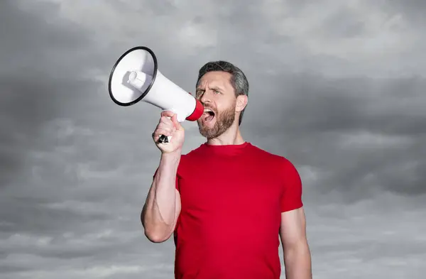 Man Red Shirt Shout Loudspeaker Sky Background — Stock Photo, Image
