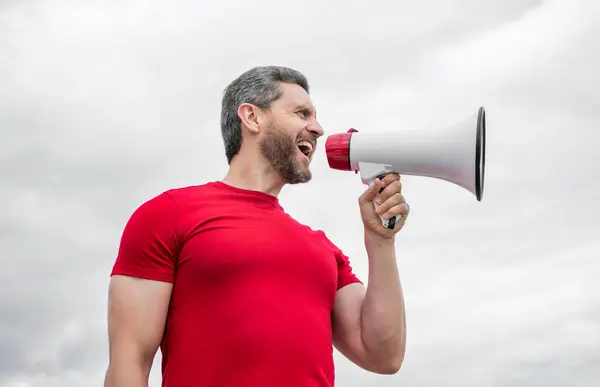 Man Salesman Red Shirt Shout Loudspeaker Sky Background — Stock Photo, Image