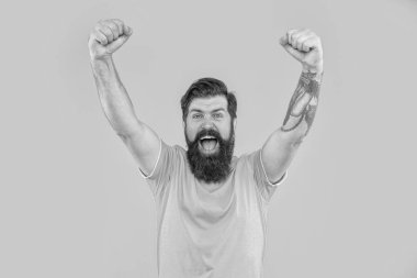 Sarıda sakallı başarılı vahşi adamın portresi. Stüdyoda sakallı vahşi bir adamın portresi. Arka planda sakallı vahşi bir adamın portresi. Sakallı vahşi bir adamın portresi..