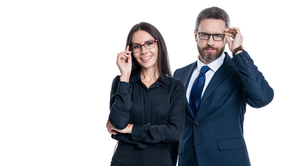 Business man and woman in glasses. Businesspeople look through eyeglasses. Business vision and eyesight. Vision of success. Successful and confident businesspeople in suit. Advertisement.