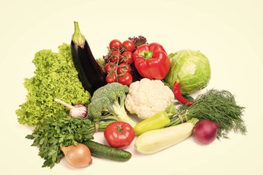 variety of fresh and ripe vegetables isolated on white background.