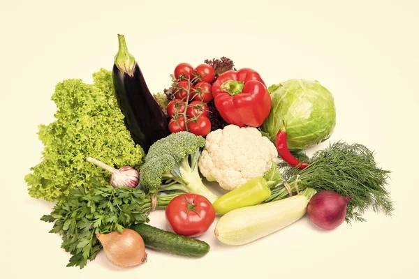 variety of fresh and ripe vegetables isolated on white background.