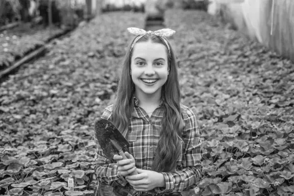 shovel tool. horticulture. gardening activity for kid. happy teen girl florist in greenhouse. spring and summer. planting pot plants. child gardener. flowers in garden. daily chores. flower care.