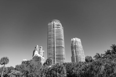 South Beach, ABD 'de gökyüzünde gökyüzü mavi gökdelenli yüksek gökdelenli şehir silüeti.