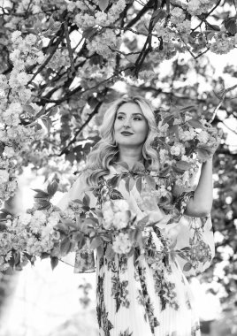 Doğal güzellik. Retro kadın sakura çiçeği kokusu alıyor. Kaplıca ve güzellik tedavisi. yumuşak cilt bakımı. Kiraz ağacı bahçesinde sağlıklı bir kız. Klasik yaz modası. Parkta bahar doğası çiçek açar..
