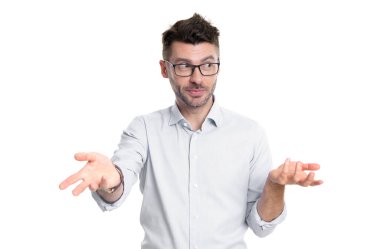 puzzled manager on background. photo of puzzled manager wear glasses. puzzled manager isolated on white. puzzled manager in studio.