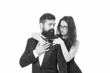 Tek ve biricik. Sevgililer Günü konsepti. Zarif bir resmi moda. Seksi kadın ve smokin adam. Birbirine aşık çiftler. İş ortaklığı. Aşk ve romantizm. resmi çift özel durumu kutluyor.