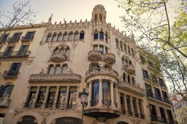 Barcelona, Spain - March 30, 2016: House Lleo Morera building facade exterior of Catalan modernism architecture decorated with fretwork.