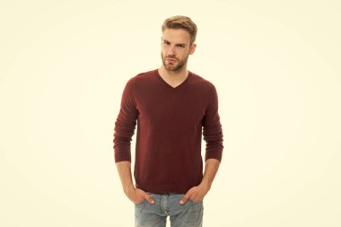 Stüdyoda sakallı beyaz bir adam. Arka planda sakalı olan adam. Sakallı saçlı adamın fotoğrafı. Kirli sakallı adam beyazda tek başına..