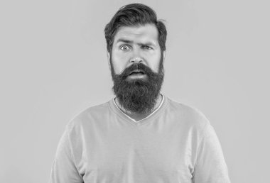 Sarı stüdyo arka planında izole edilmiş şaşkın sakallı adamın portresi..