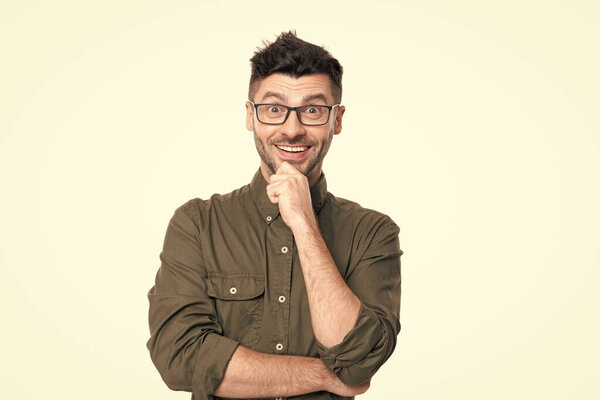 happy caucasian professional man in shirt. portrait of professional man isolated on white background. professional man portrait in studio. professional man in glasses.
