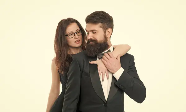 Assédio Sexual Senhora Sexy Abraçar Seu Homem Barbudo Casal Apaixonado — Fotografia de Stock