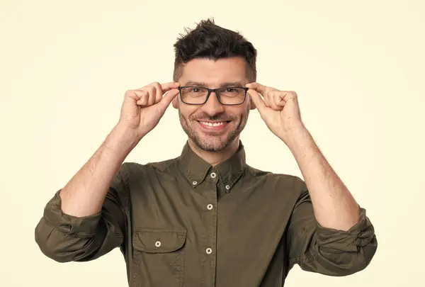 happy professional man in glasses. caucasian professional man in shirt. portrait of professional man isolated on white background. professional man portrait in studio.