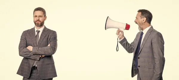 Businessmen Ignore Loudspeaker Banner Businessmen Ignore Shouting Loudspeaker Two Businessmen — Foto Stock
