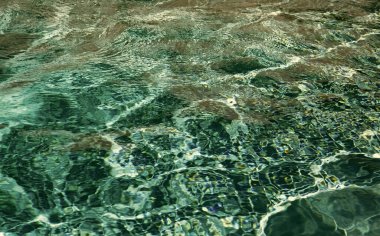 Odaklanmış yaz suyu dalgalanmalarla maviye boyandı. Odaklanmış yaz dalgalı su arka planı. Odaklanamadığı yaz su arka planının fotoğrafı. çözünmüş yaz suyu arkaplanı.