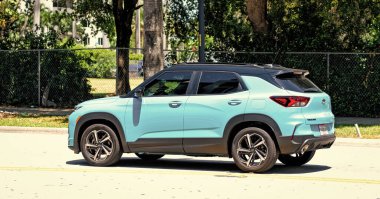 Miami Beach, Florida USA - April 15, 2021: light blue chevrolet trailblazer RS suv crossover, side view.
