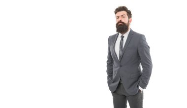 He knows who is boss here. Bearded man confident posture isolated white. Hipster with beard formal suit office worker. Businessman formal suit. Modern businessman ofiice worker. Office life concept.