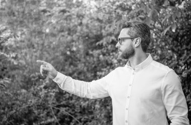 Gözlüklü yakışıklı profesyonel adam parmak göstererek doğal arka plan, kopyalama alanı.
