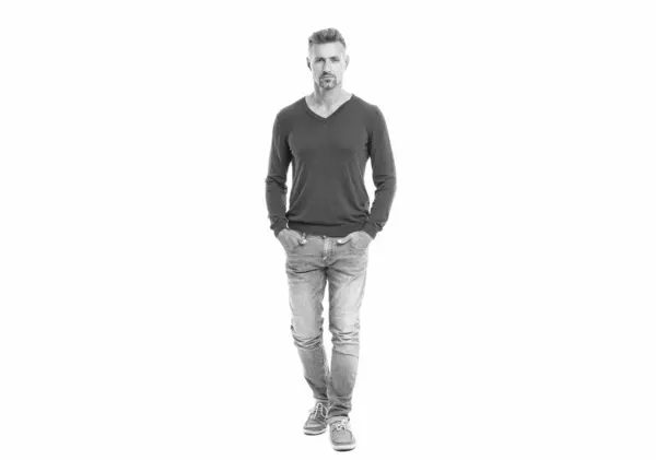 stock image urban mature man in trendy menswear for everyday life. handsome man in a casual menswear in studio. well looking man in casual style menswear. Man wearing casual menswear isolated on white.