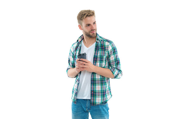 millennial man with coffee on background. millennial man with coffee in studio. image of millennial man with coffee. millennial man with coffee isolated on white.