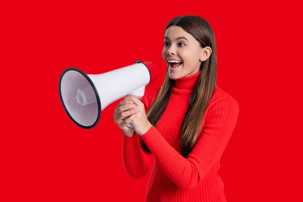 Teen Girl Loudspeaker Isolated Red Sale Announcement Announce Advertisement Hurry — Stock Photo, Image